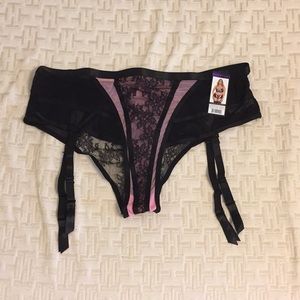 Pink and black lace back garters panty